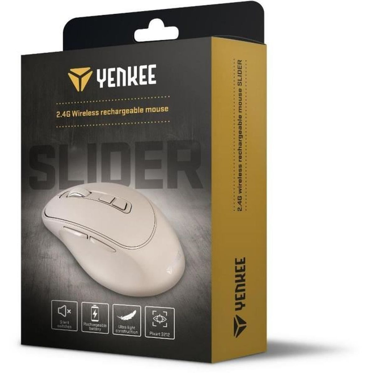 Embalaje del ratón inalámbrico recargable Yenkee Slider 2.4G en blanco, sobre un fondo gris.