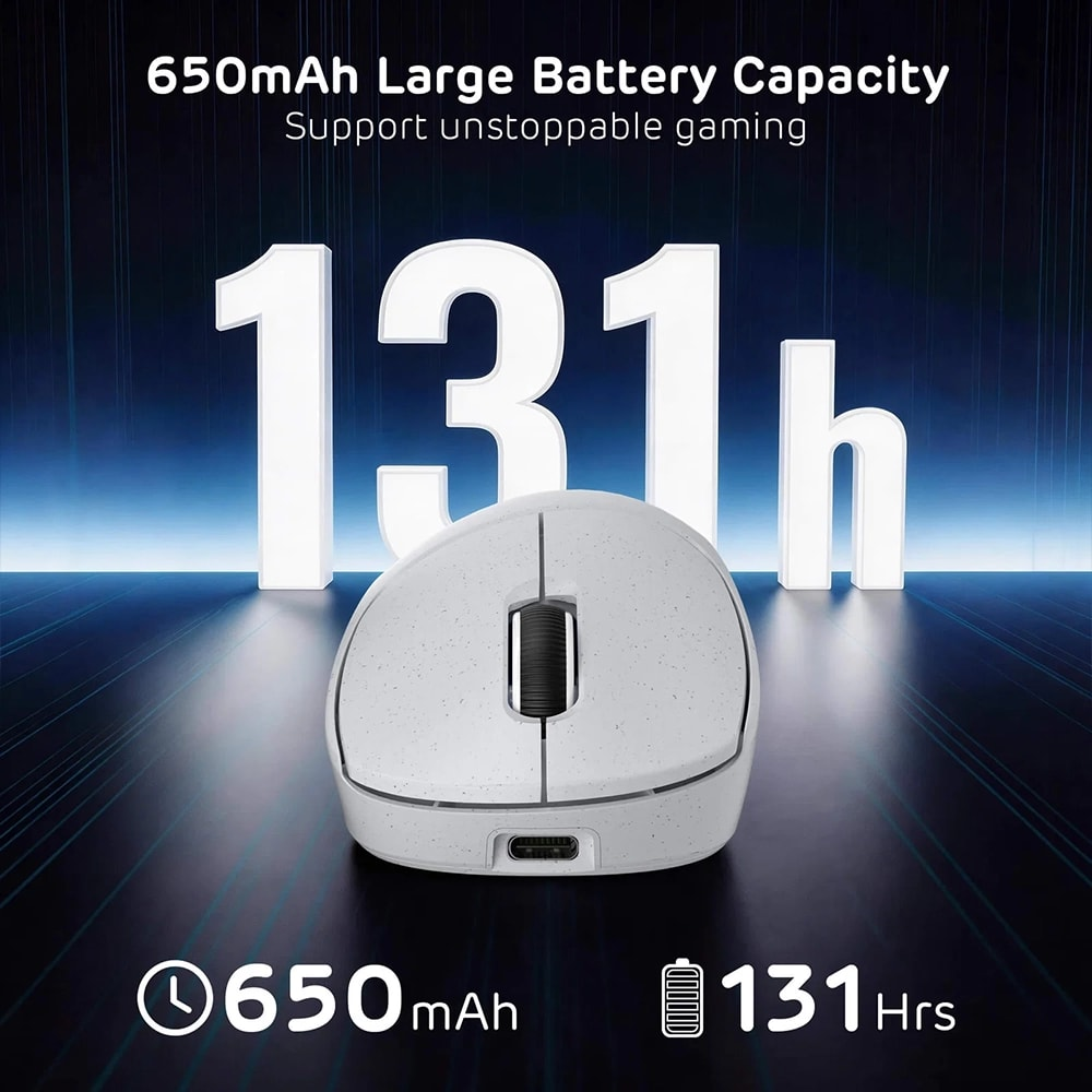 Mavi teknoloji arkaplanında 650mAh pil ve 131s kapasiteye sahip beyaz oyuncu fares.