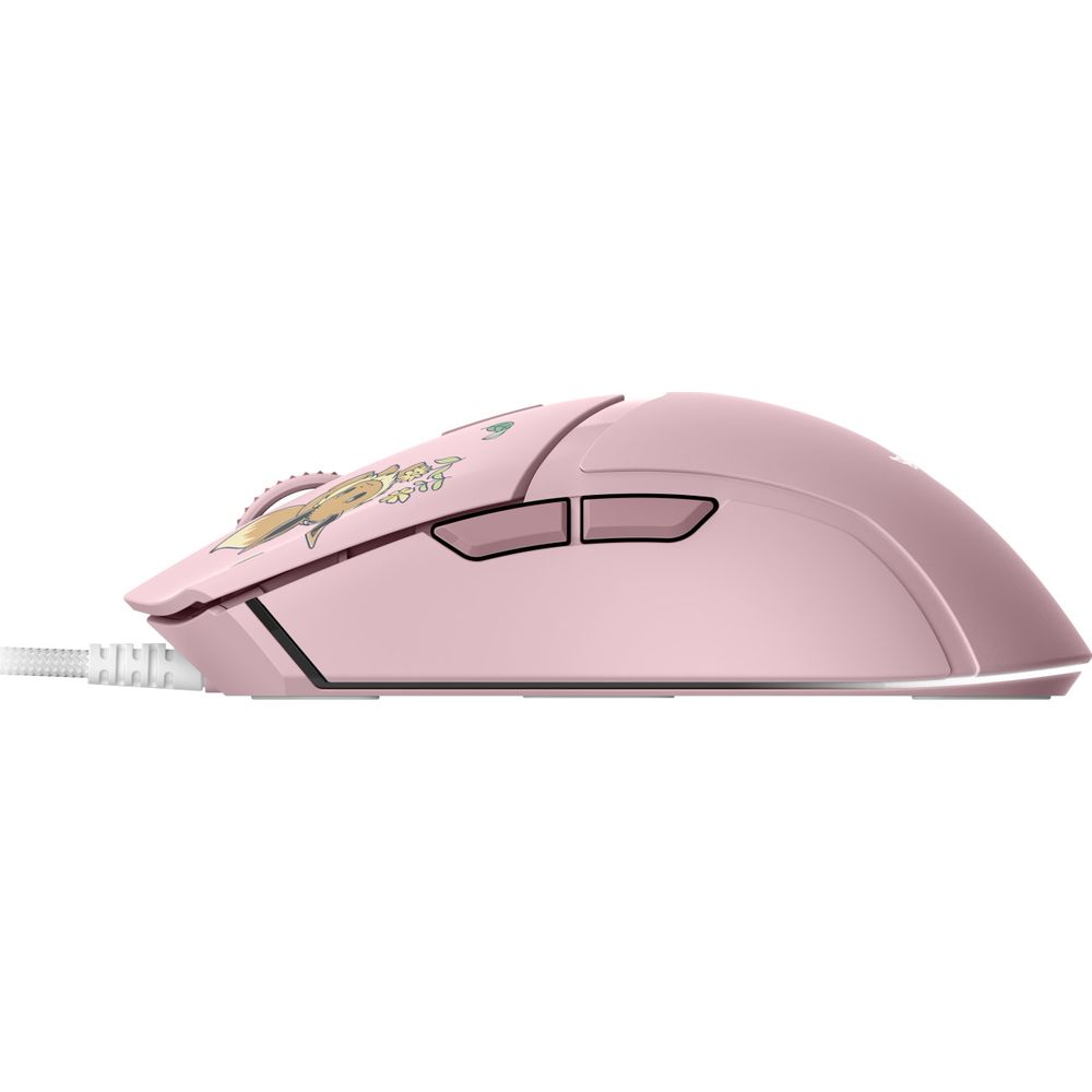 Un mouse da gioco rosa con motivi carini e cavo bianco su sfondo bianco.