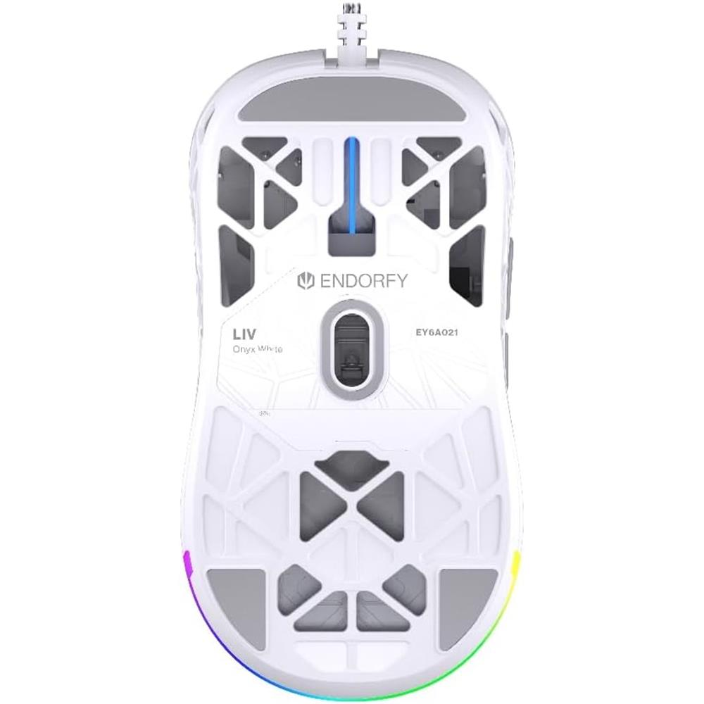 Vista superior de un ratón gaming blanco Endorfy Liv Onyx White con carcasa de panal e iluminación RGB.