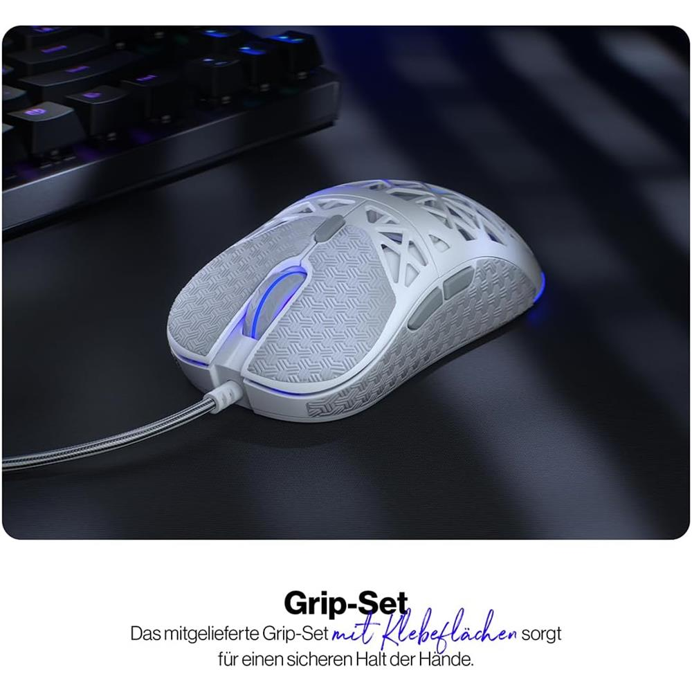 Un ratón de juego blanco con superficie de agarre texturizada y luces LED azules.