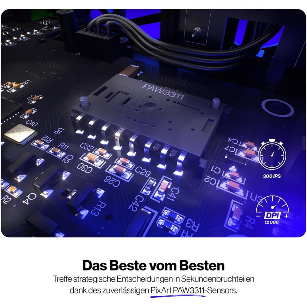 Nahaufnahme einer Computer-Platine mit dem PixArt PAW3311-Sensor und elektronischen Bauteilen unter blauem Licht.