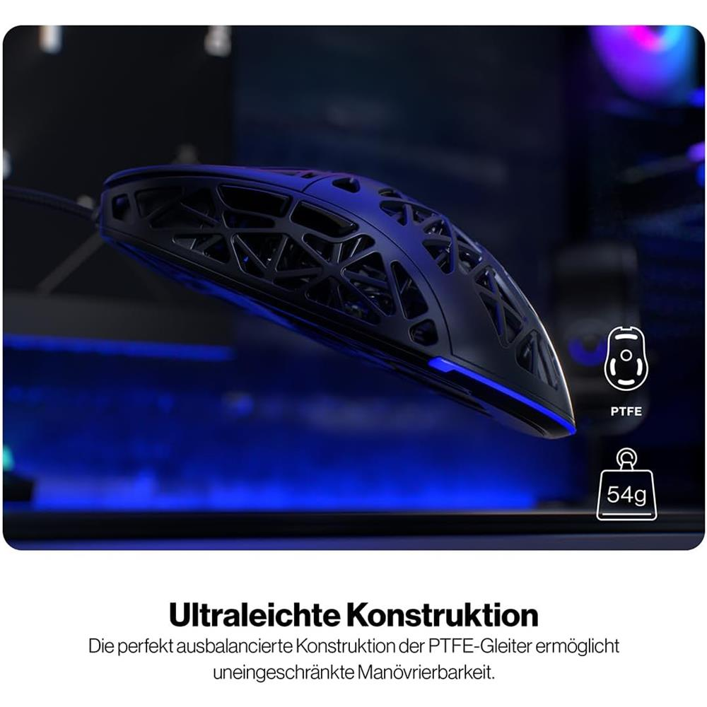 Schwarze, ultraleichte Gaming-Maus mit Wabenstruktur und blauer Beleuchtung.