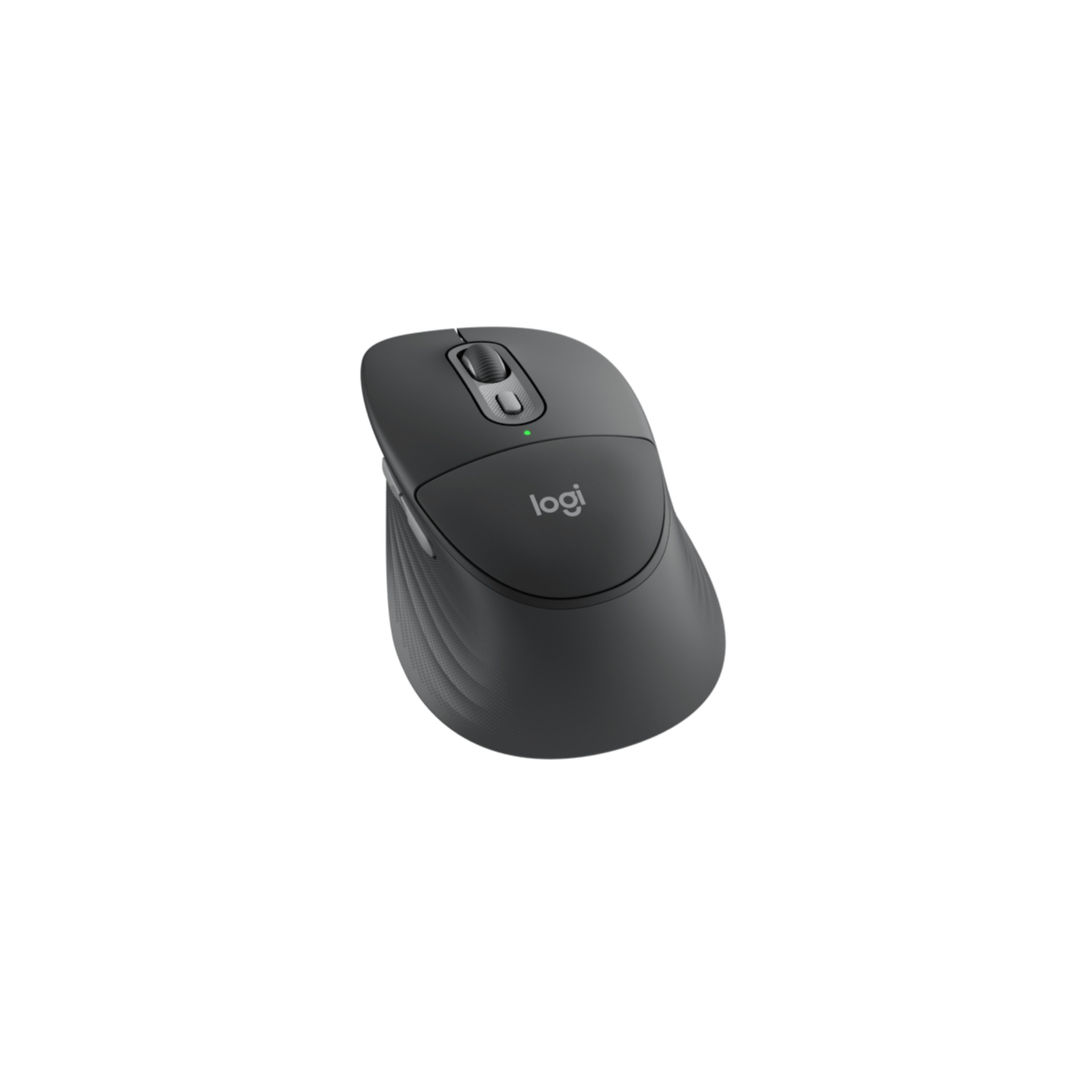 Un mouse per computer grigio Logitech con rotellina di scorrimento e logo su sfondo bianco.