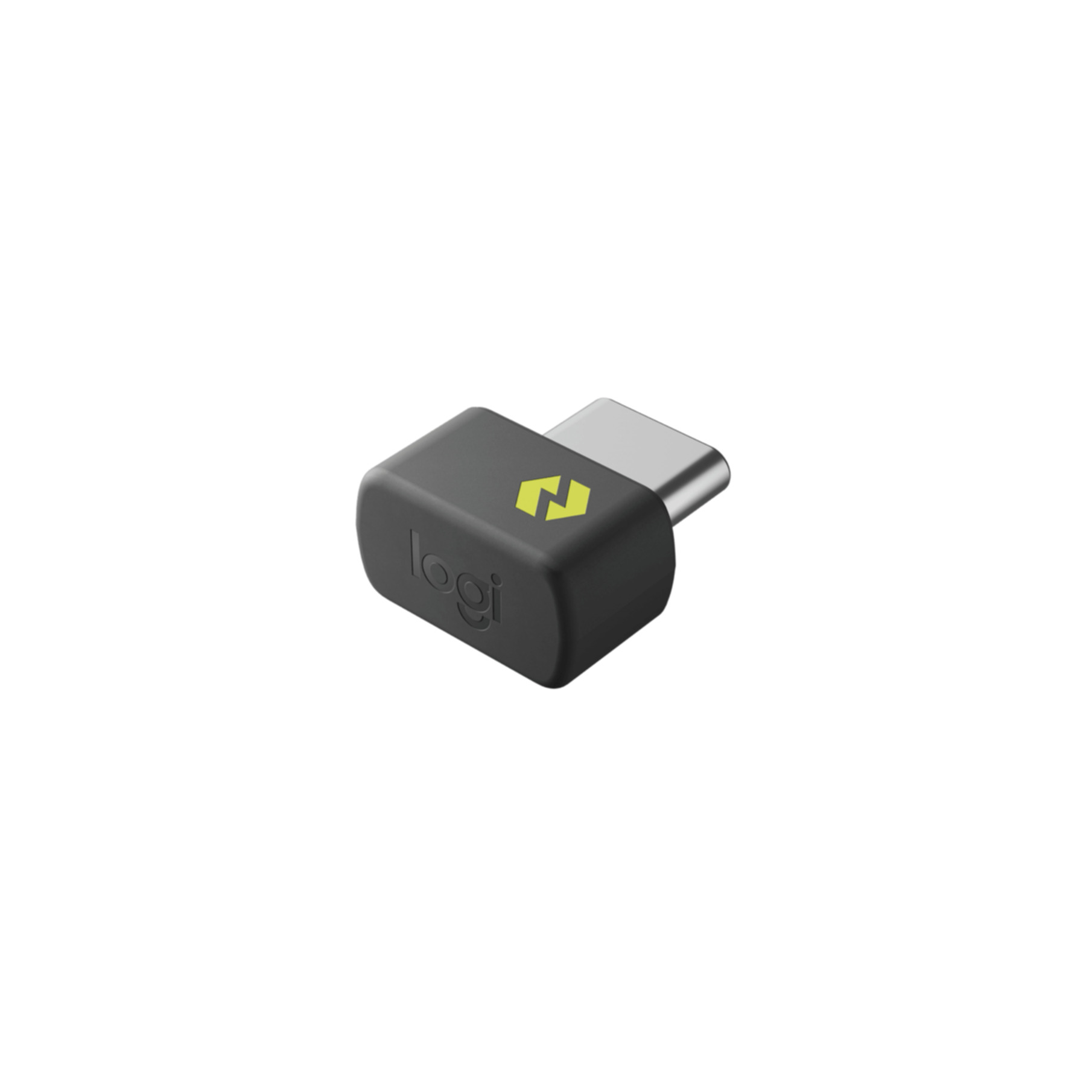 Un adattatore USB-C Logi nero con logo giallo su sfondo bianco.