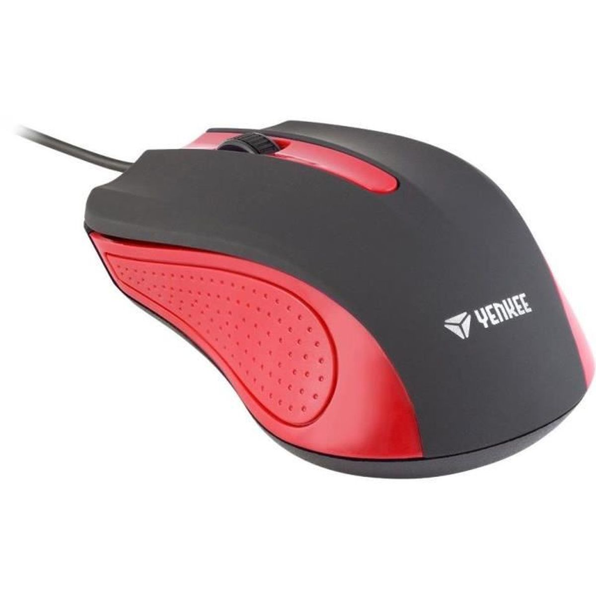 Un ratón de juego con cable negro y rojo con el logotipo de Yenkee, aislado en un fondo blanco.