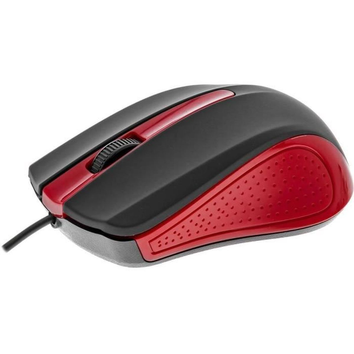 Un ratón de ordenador negro y rojo con rueda de desplazamiento y cable sobre fondo blanco.