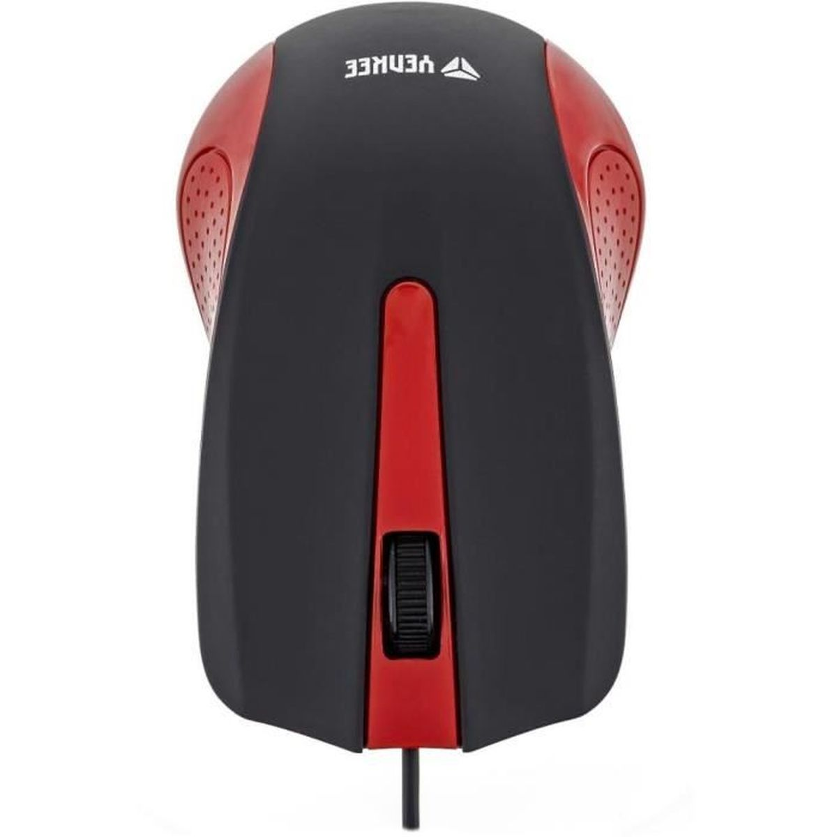 Un ratón de ordenador rojo y negro con rueda de desplazamiento visto desde arriba.