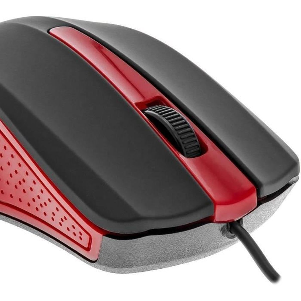 Primer plano de un ratón de ordenador con cable negro y rojo con rueda de desplazamiento.