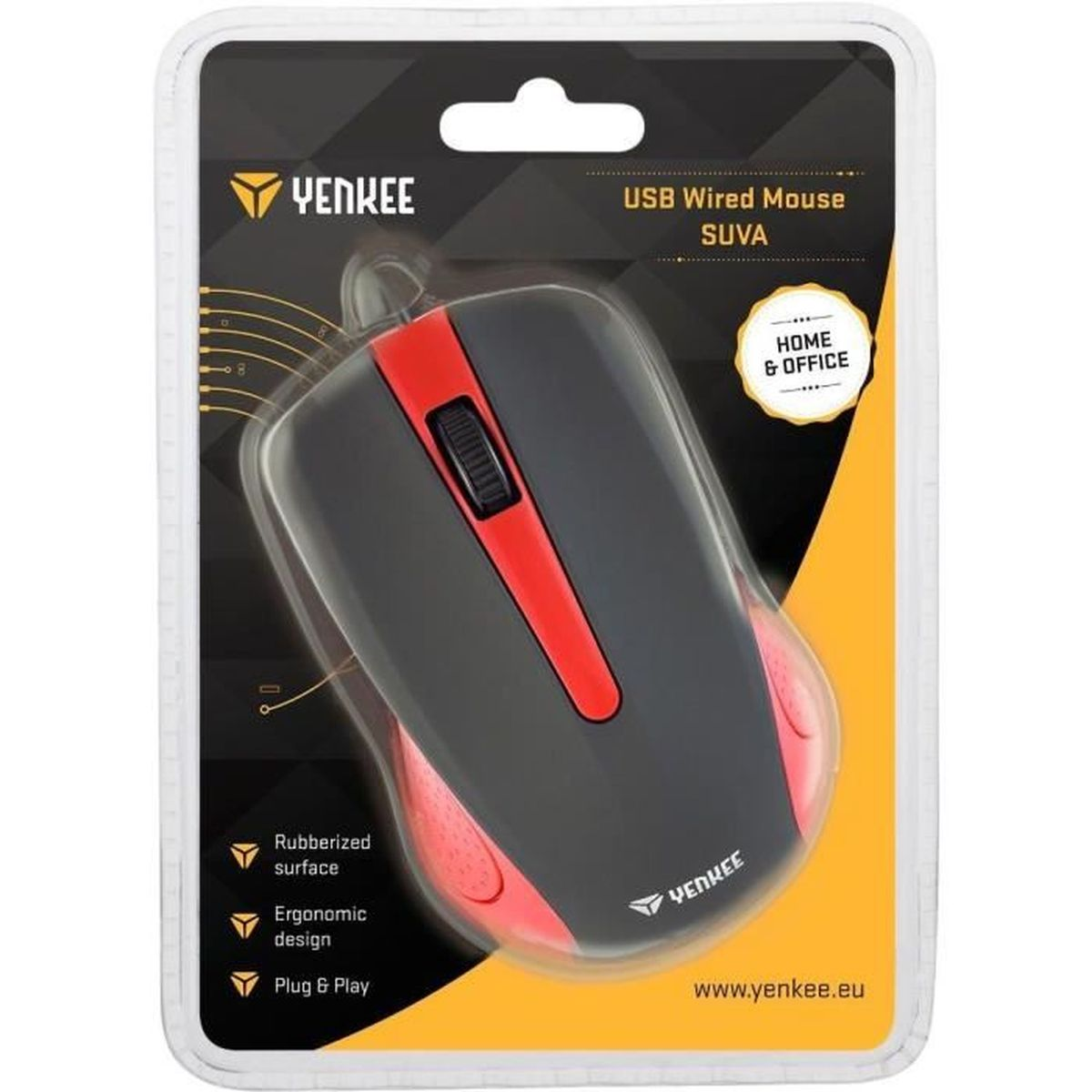 Ratón con cable USB Yenkee Suva envasado con diseño negro y rojo y superficie de goma ergonómica.