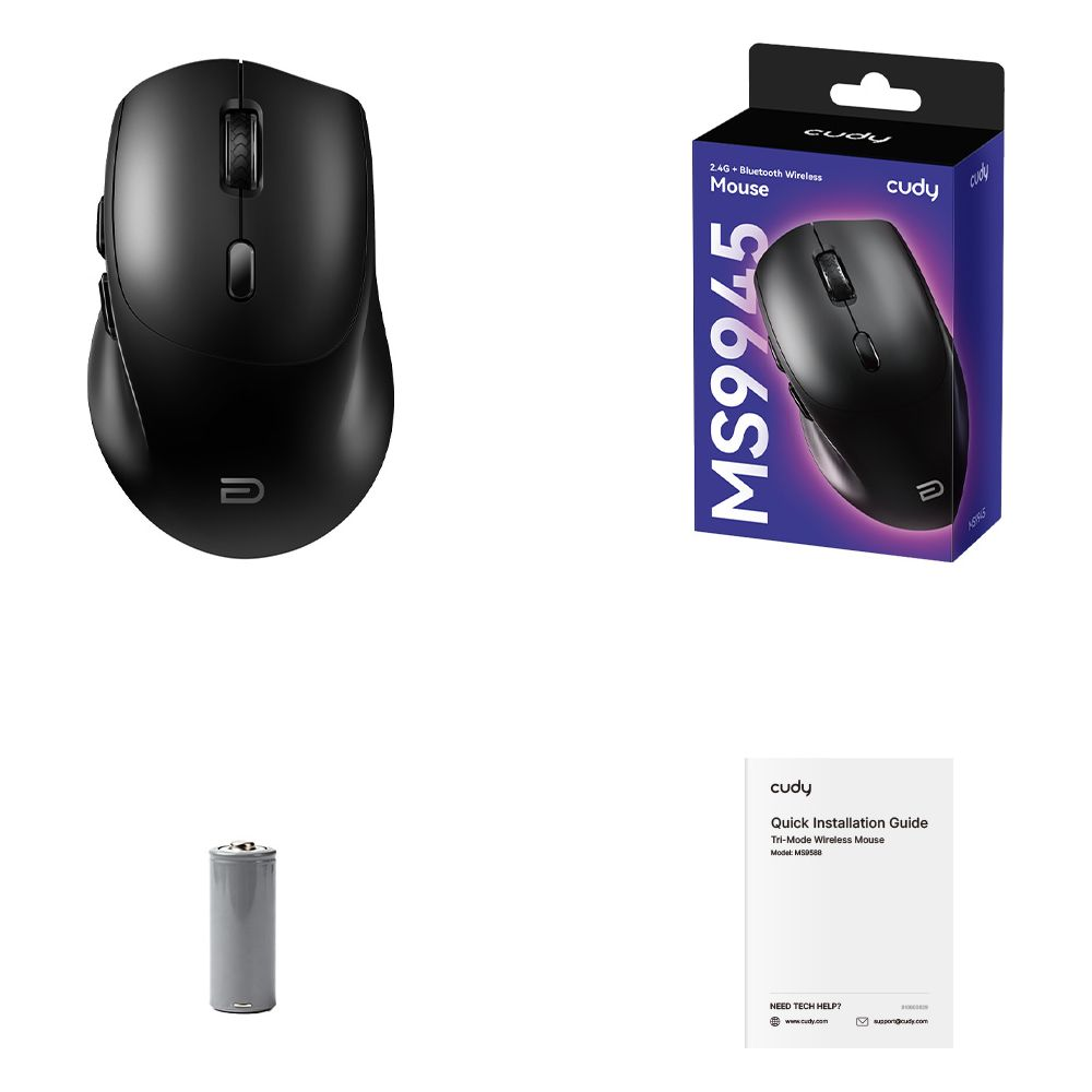 Schwarze kabellose Maus, Verpackung, Batterie und Kurzanleitung auf weißem Hintergrund.
