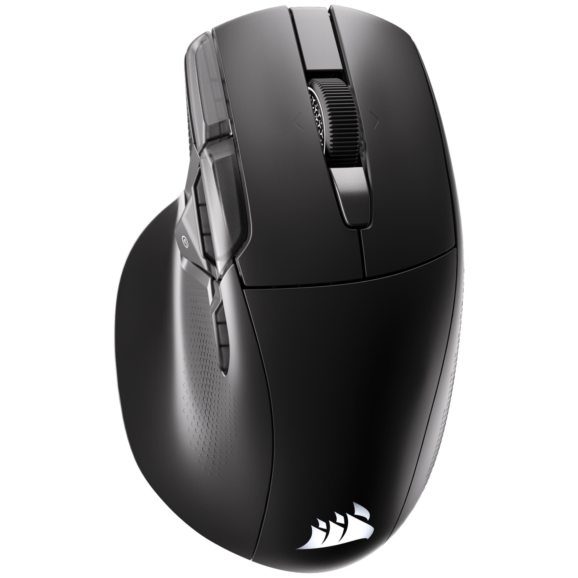 Un mouse per computer wireless nero con supporto per il pollice e logo illuminato.