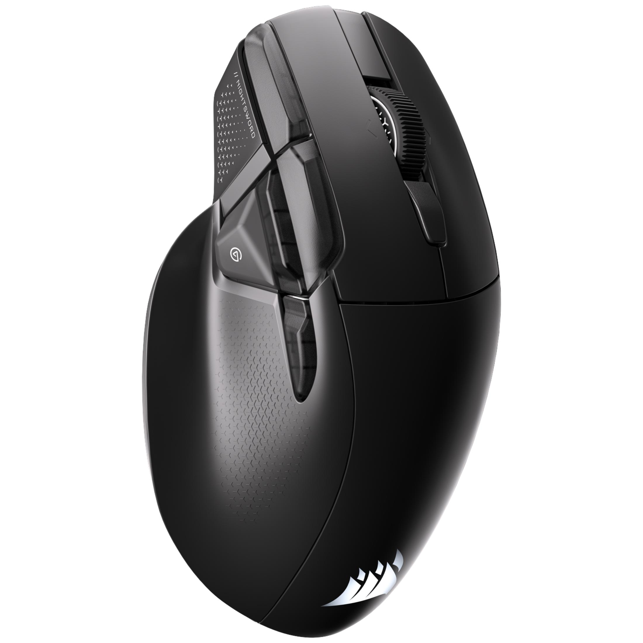 Un mouse da gioco nero con design ergonomico, tasti laterali multipli e rotella di scorrimento su sfondo bianco.