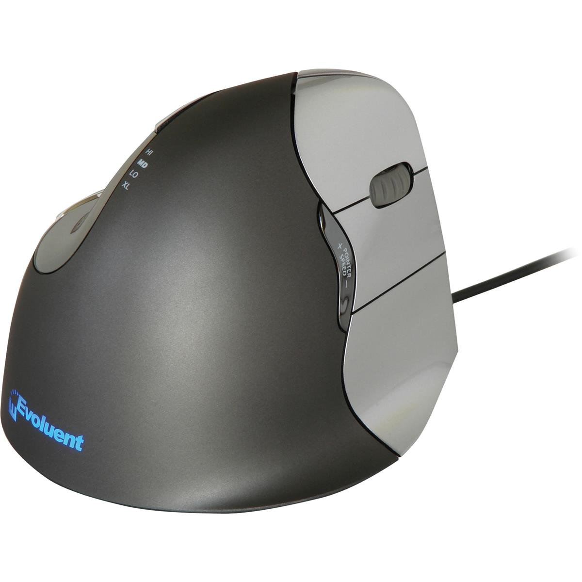 Un ratón vertical Evoluent ergonómico, negro y plateado con cable sobre un fondo blanco.