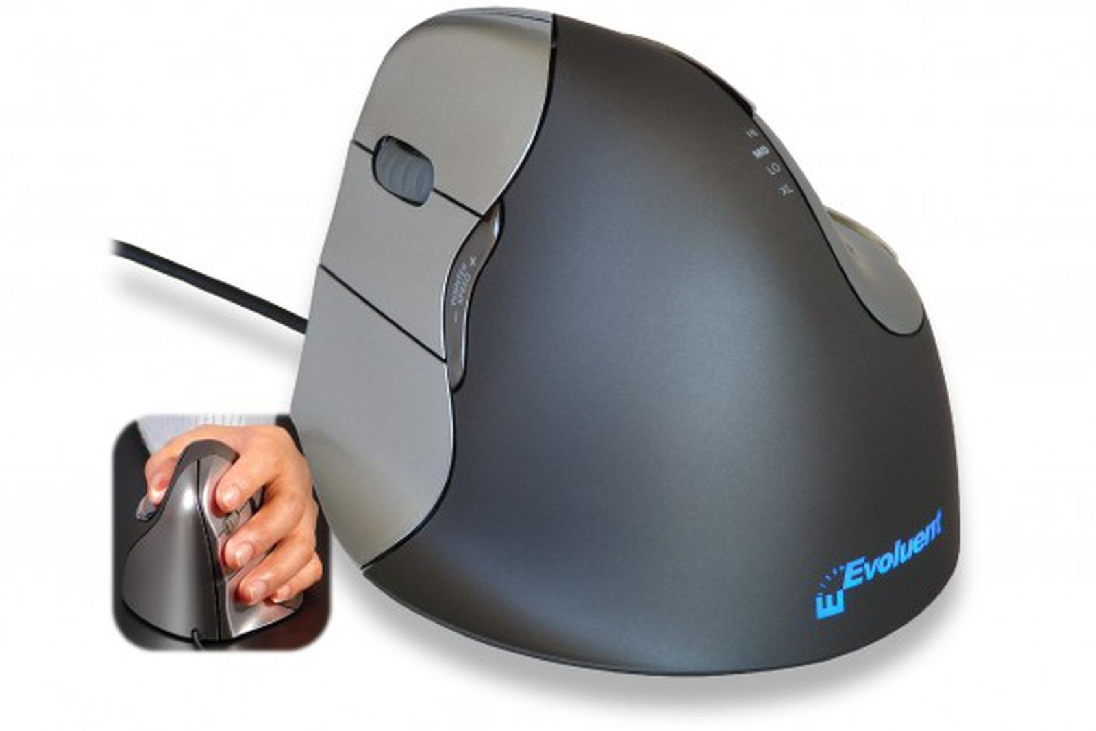 Un ratón de ordenador vertical ergonómico gris y negro con cable y una imagen insertada de una mano.