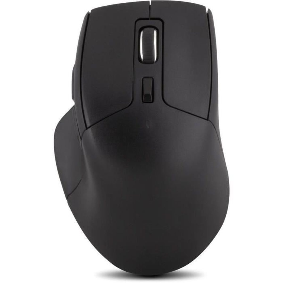 Un mouse per computer wireless nero opaco con rotellina di scorrimento e supporto per il pollice.