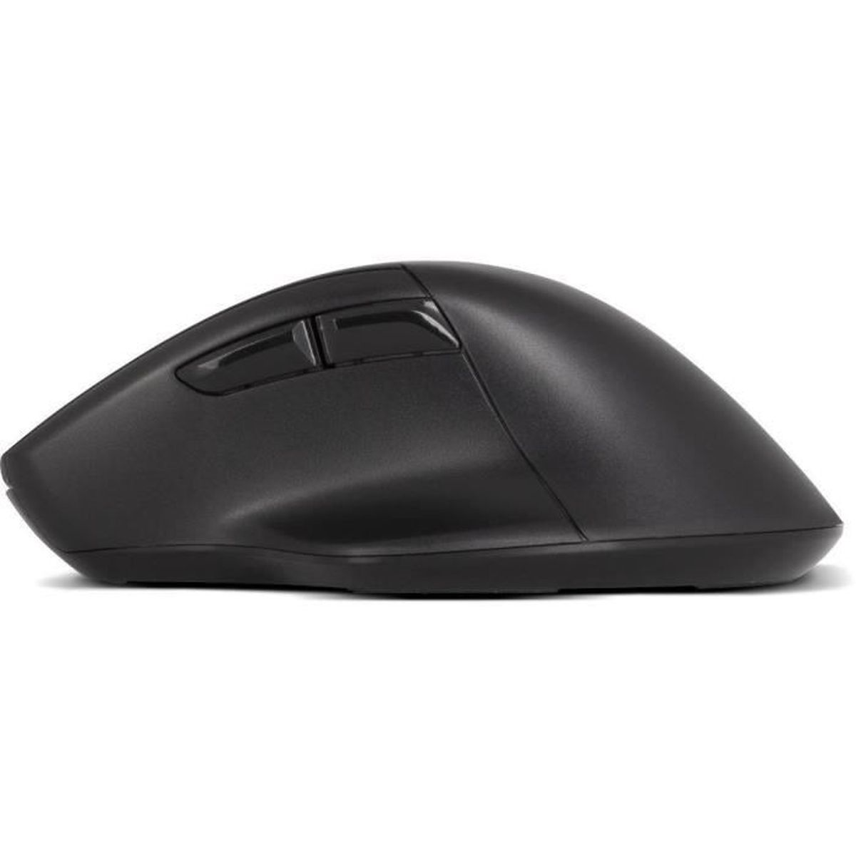 Un mouse per computer ergonomico nero con poggiapollice e due pulsanti laterali su sfondo bianco.