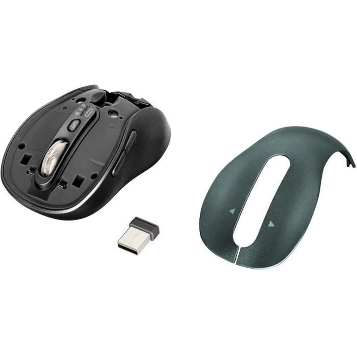 Un ratón inalambrico negro desmontado que muestra su estructura interna, un receptor USB y una cubierta superior gris.