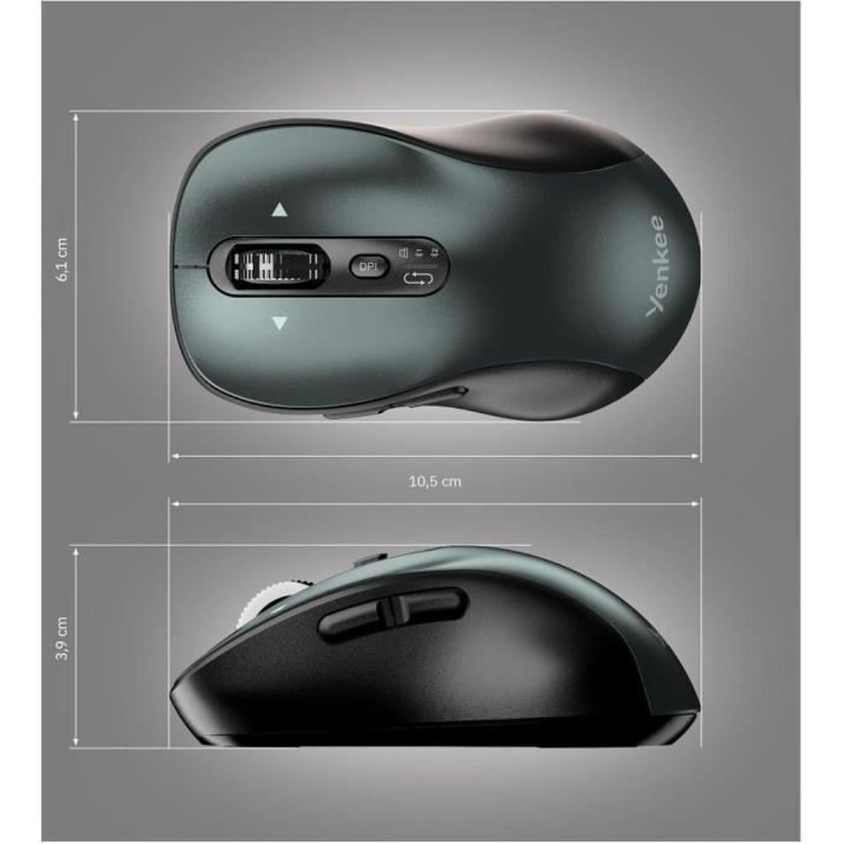 Vista superior y lateral de un ratón inalámbrico negro con dimensiones de 10,5 cm de largo y 3,9 cm de alto.