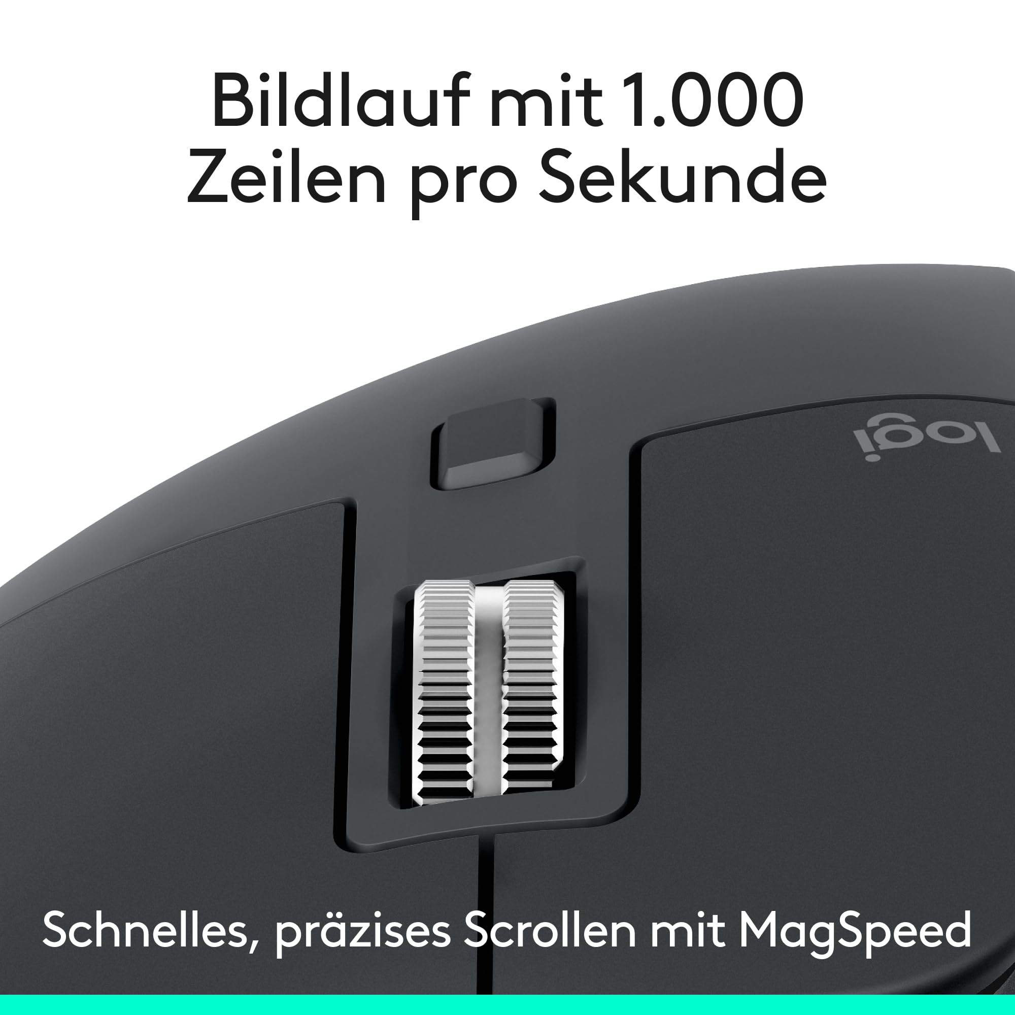 Primo piano di un mouse per computer nero con rotella di scorrimento in metallo e logo.