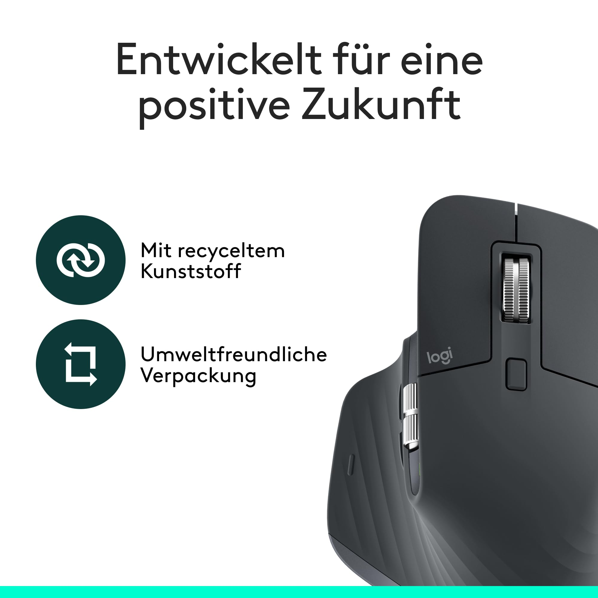 Un mouse per computer nero con testo in tedesco su plastica riciclata e imballaggi ecologici.
