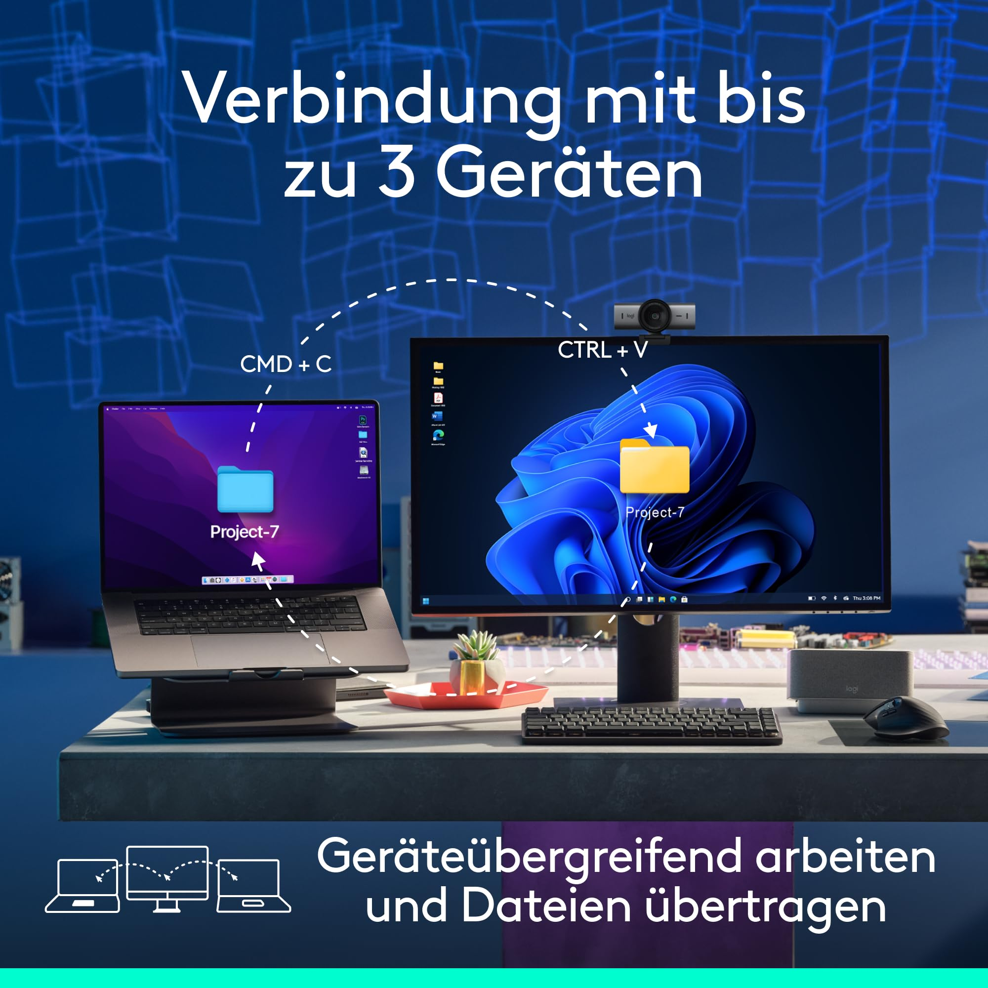 Laptop e monitor su una scrivania con testo e grafica per la connessione.