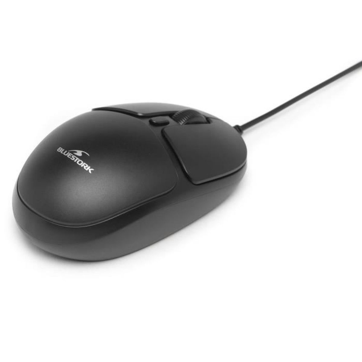 Un ratón de ordenador negro con cable sobre fondo blanco con el logotipo de Bluestork.