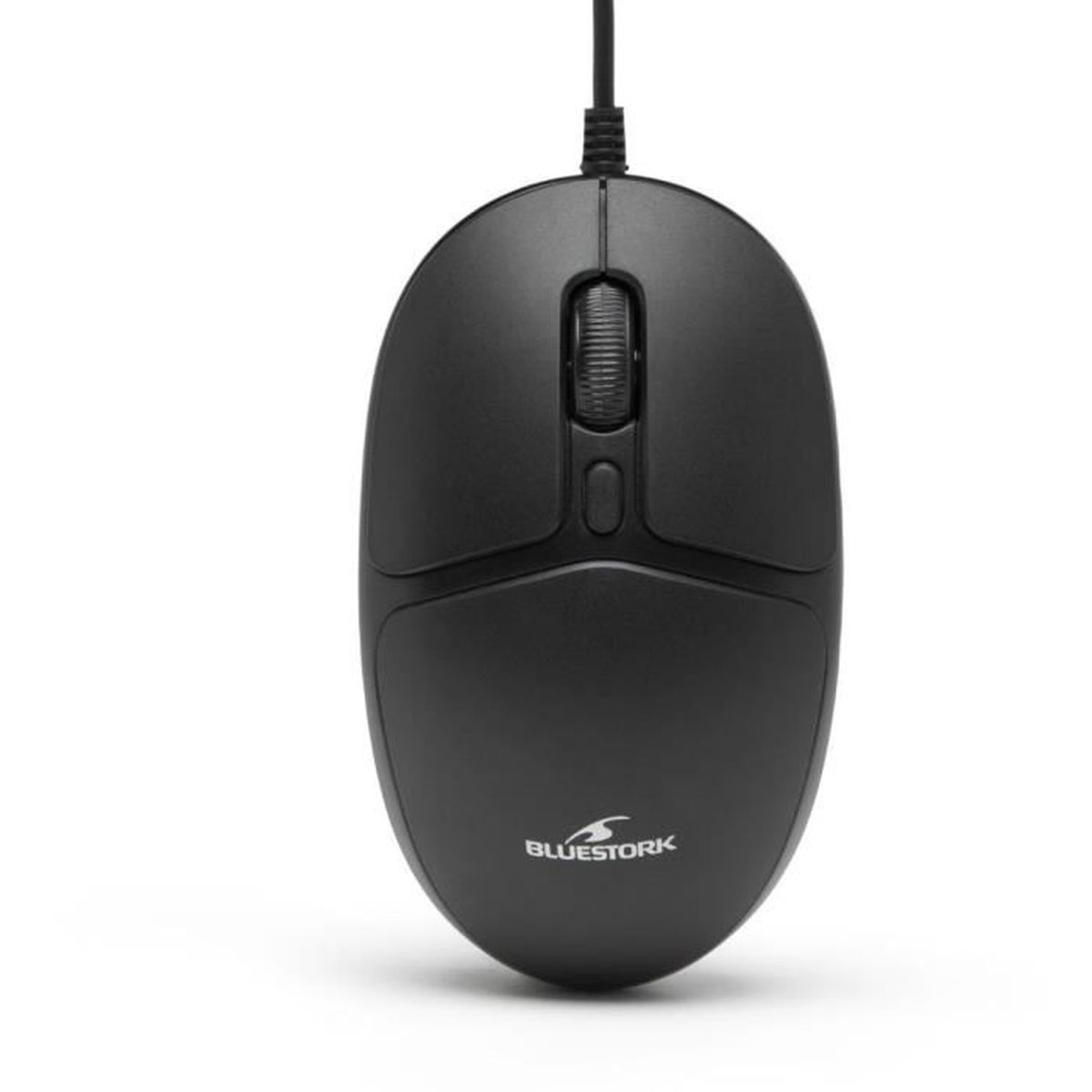 Un ratón de ordenador negro con cable Bluestork con rueda de desplazamiento y logotipo sobre fondo blanco.