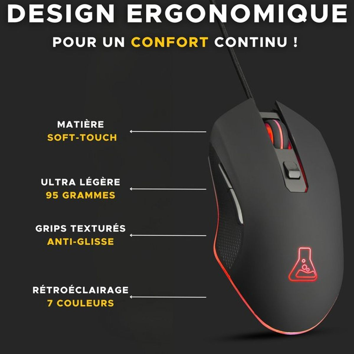 Ratón de juego negro ergonómico con elementos de iluminación rojos y texto descriptivo en francés.