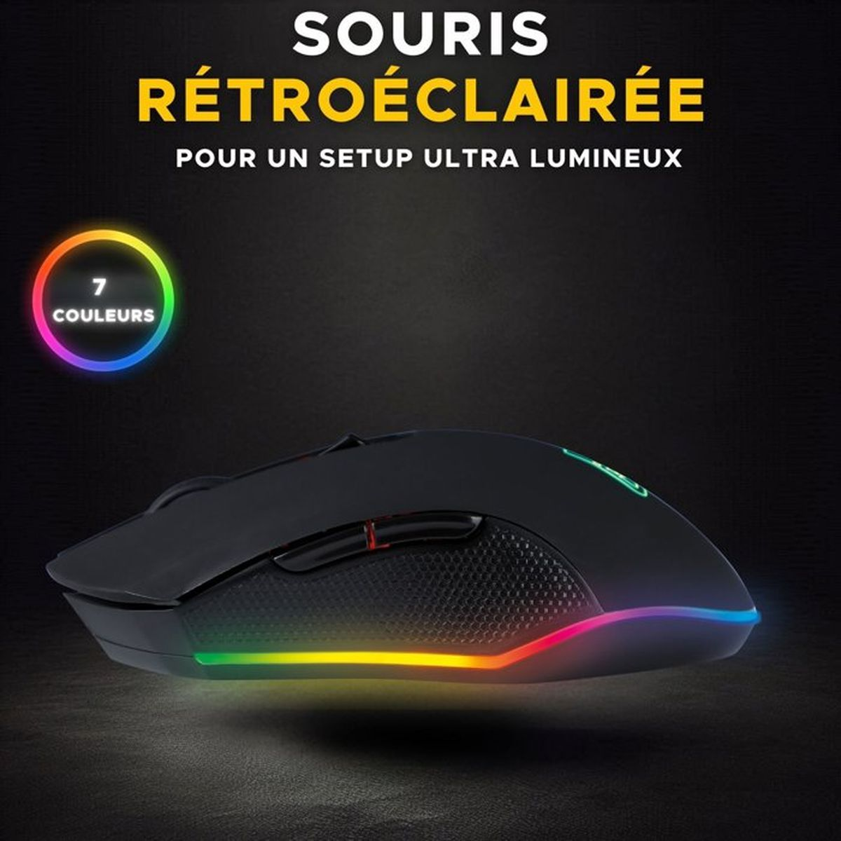 Un ratón de juego negro con iluminación RGB sobre un fondo oscuro con texto en francés.