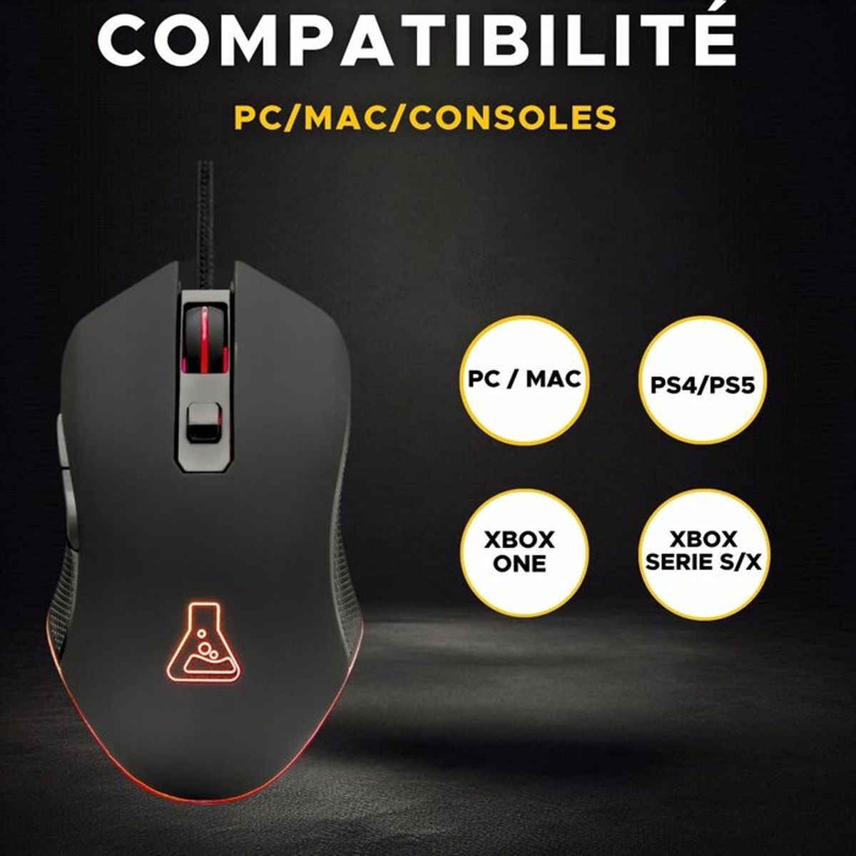 Un ratón de juego negro con iluminación roja e iconos de compatibilidad para PC, Mac y consolas.