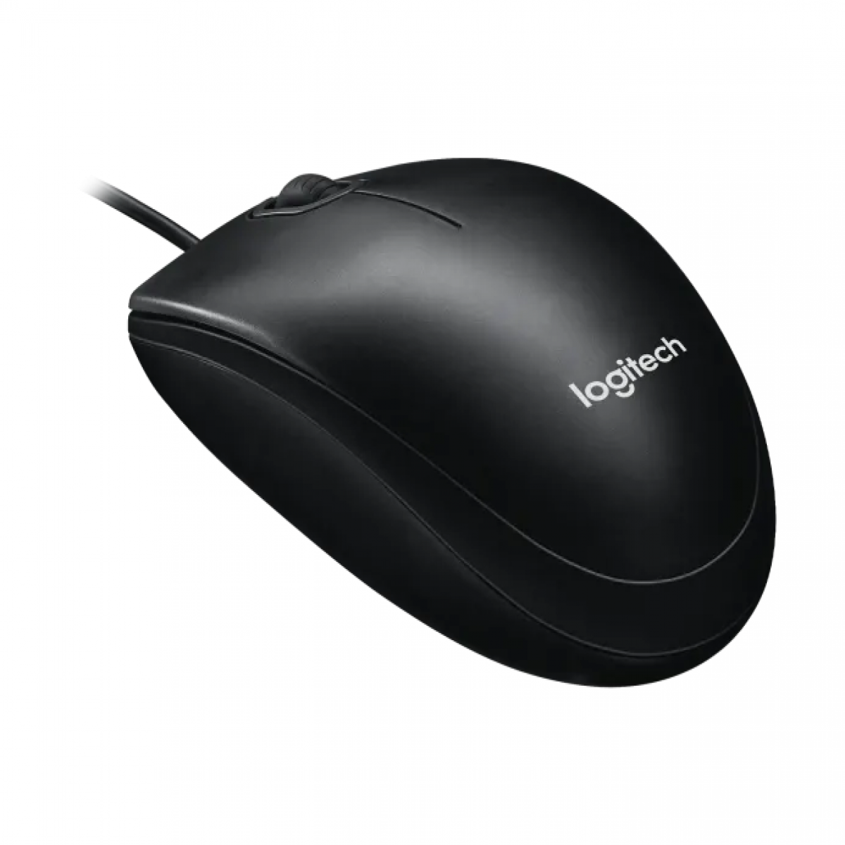 Beyaz arka planda siyah kablolu bir Logitech bilgisayar faresi.