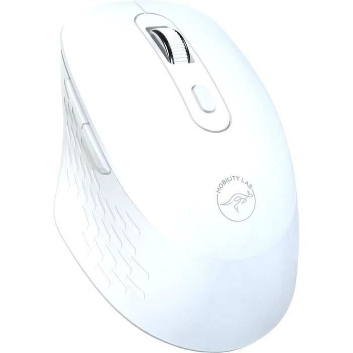 Un ratón de ordenador inalámbrico blanco con rueda de desplazamiento, botones laterales y logo de canguro.