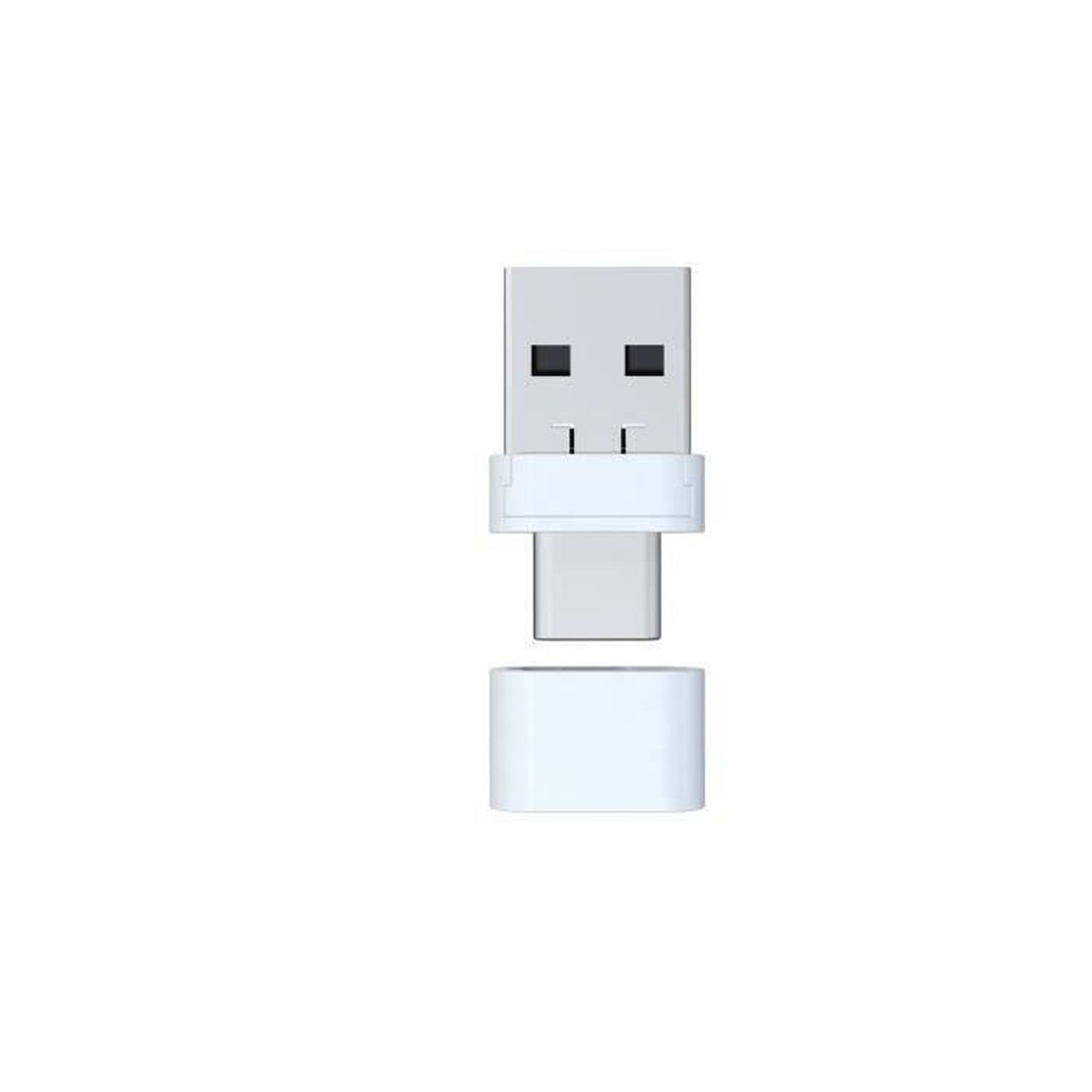 Un adaptador USB-C a USB blanco con tapa extraíble sobre fondo blanco.