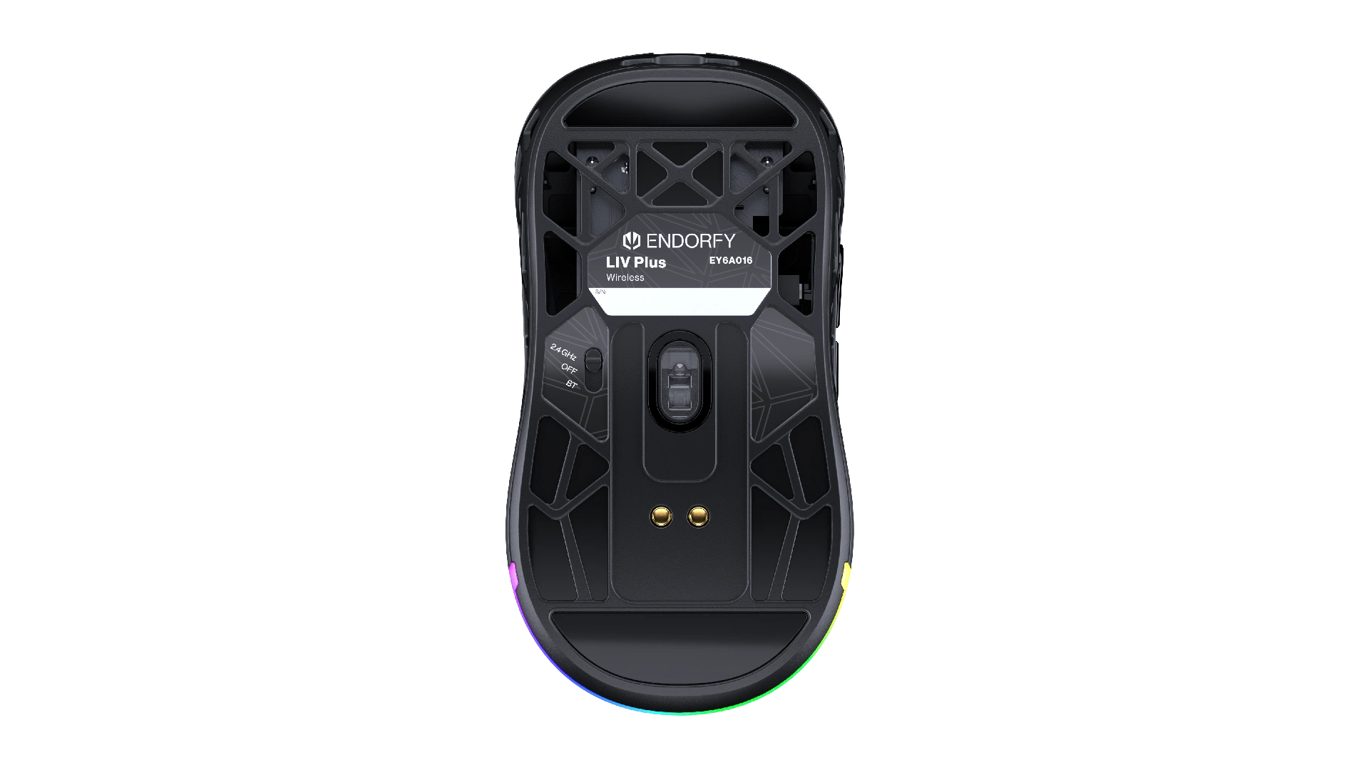 Siyah bir Endorfy LIV Plus kablosuz oyuncu mouse'unun alt kısmı, RGB aydınlatma ve sensörler görülüyor.