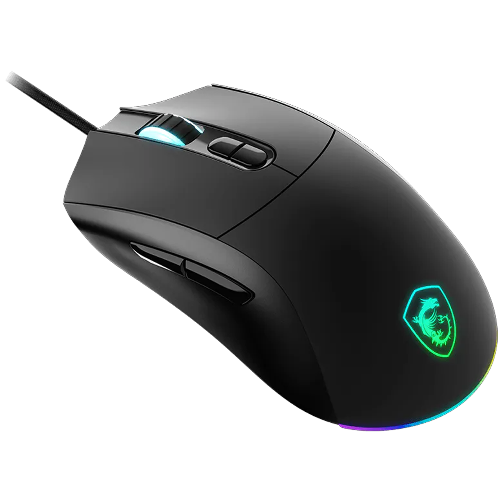 Ratón de juego negro con iluminación RGB y logotipo de dragón sobre fondo negro.