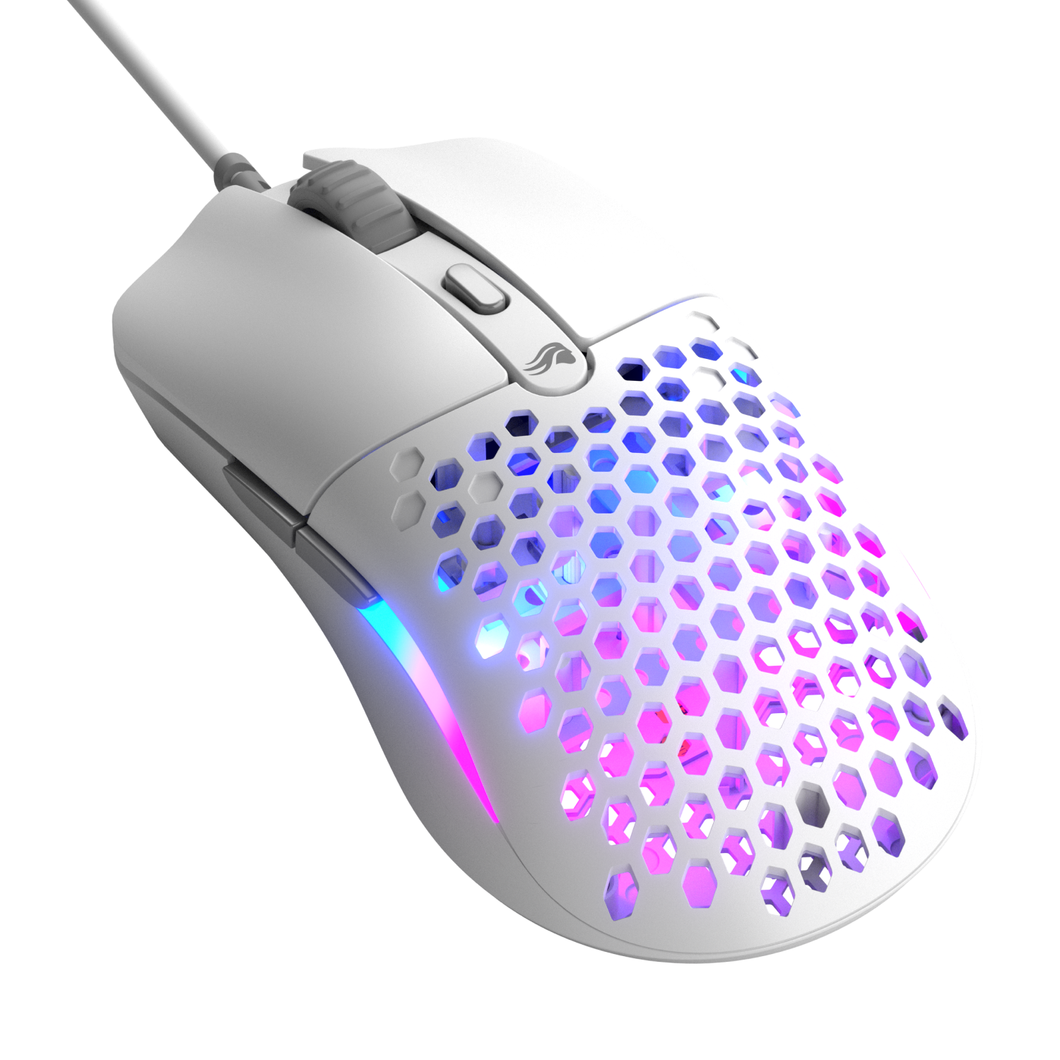 Bal peteği kasalı, canlı mavi ve pembe RGB aydınlatmalı beyaz kablolu oyuncu faresi.
