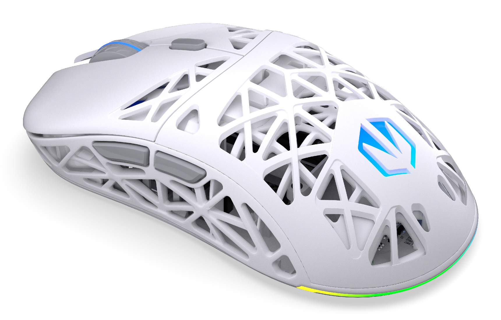 Eine weiße Gaming-Maus mit Wabenmuster, seitlichen Tasten und leuchtendem Logo auf weißem Hintergrund.