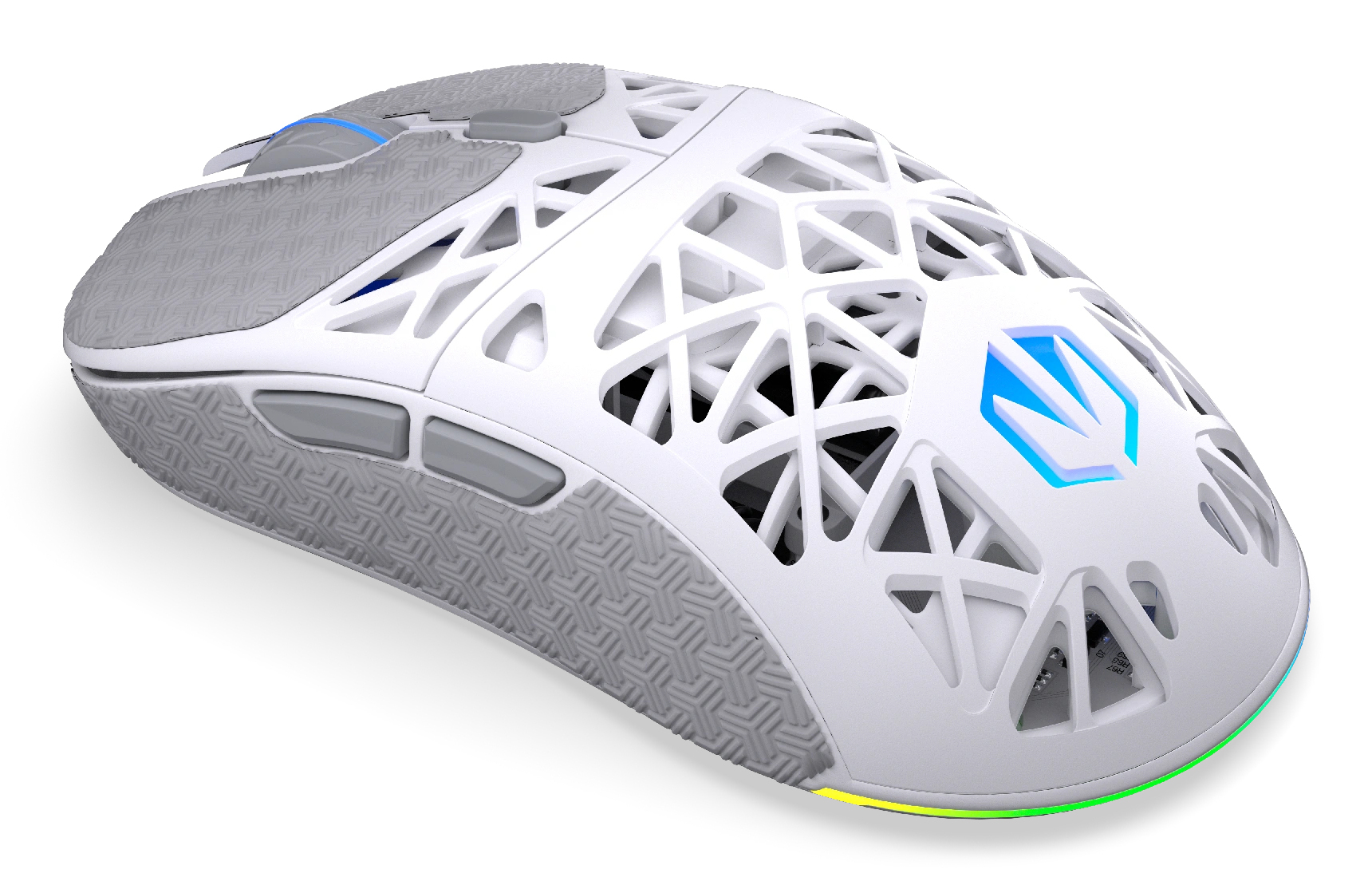 Eine weiße Gaming-Maus mit Wabenmuster, grauen Griffen und blauem Leuchtlogo auf weißem Hintergrund.
