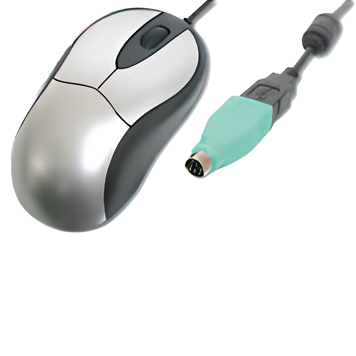 Un mouse per computer argentato e nero con connessione cablata e adattatore PS/2.