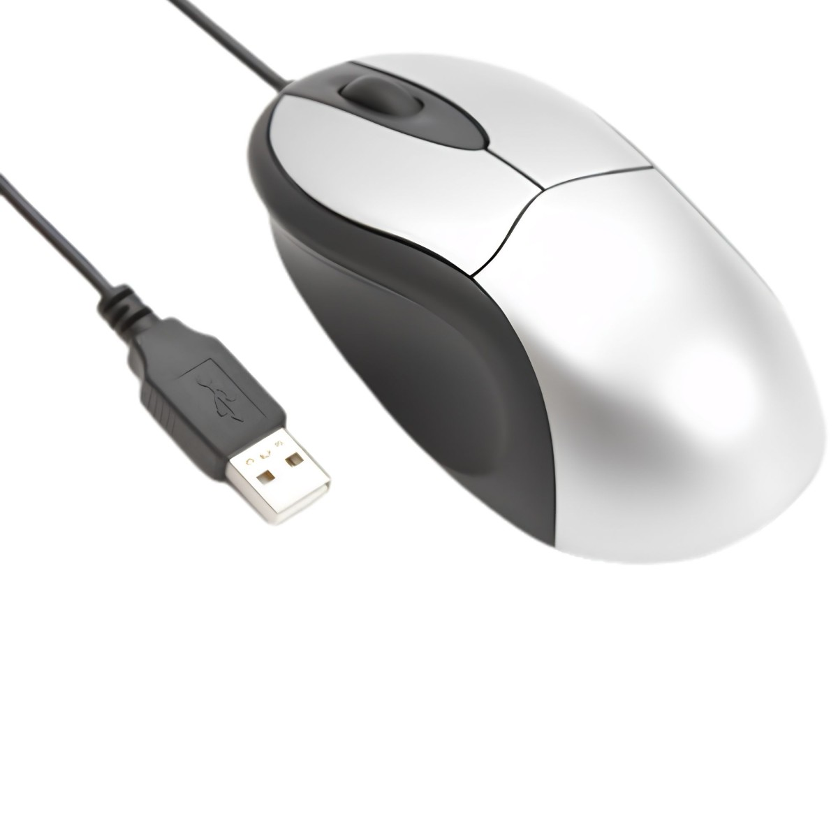 Un mouse per computer argento e nero con cavo e connettore USB su sfondo bianco.