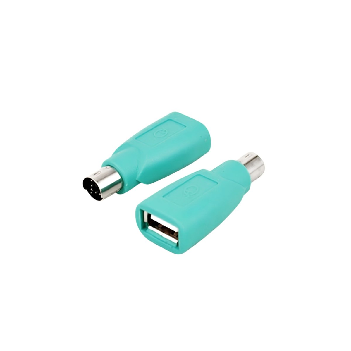 Due adattatori da USB a PS/2 turchesi su sfondo bianco.