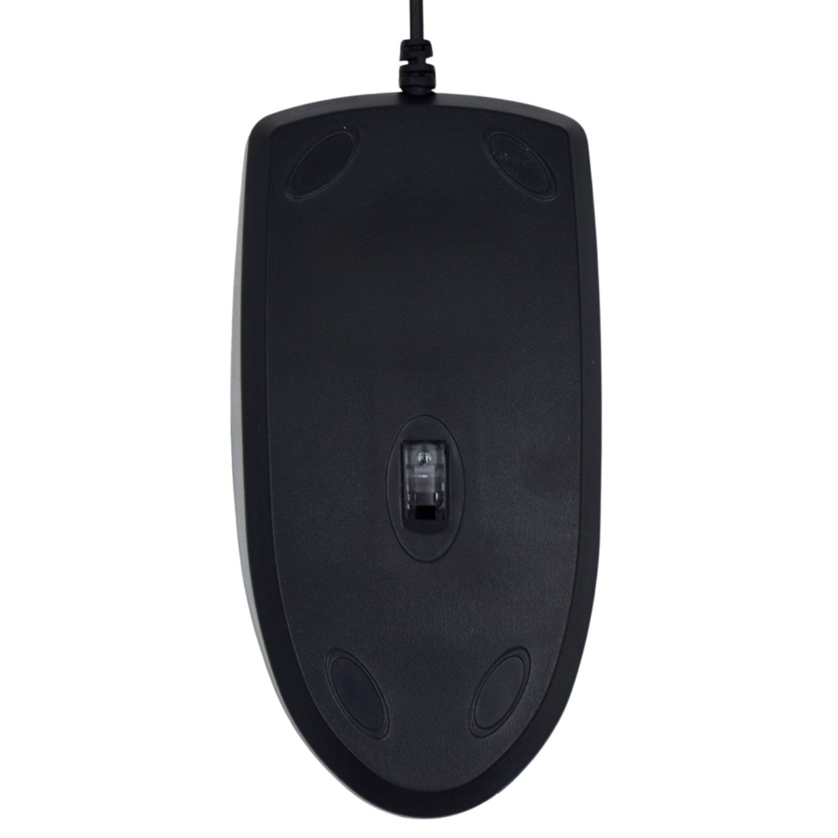 Parte inferiore di un mouse per computer nero con filo, quattro piedini di scorrimento e un sensore ottico centrale.