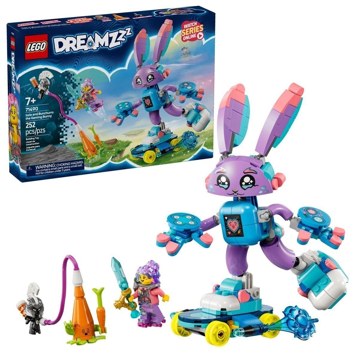 Lego Dreamzzz Set 71490 mit Izzie und Bunchurro, einem lila und blauen Gaming-Hasen-Roboter mit Minifiguren.