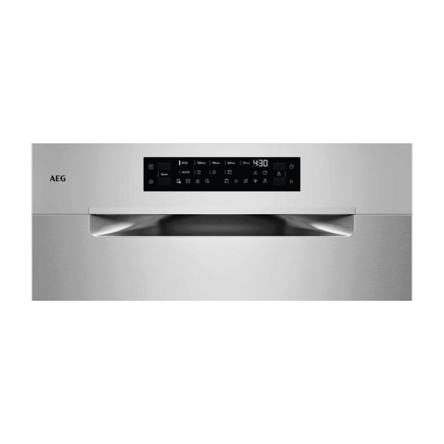 Una lavastoviglie AEG in acciaio inox con display e maniglia.