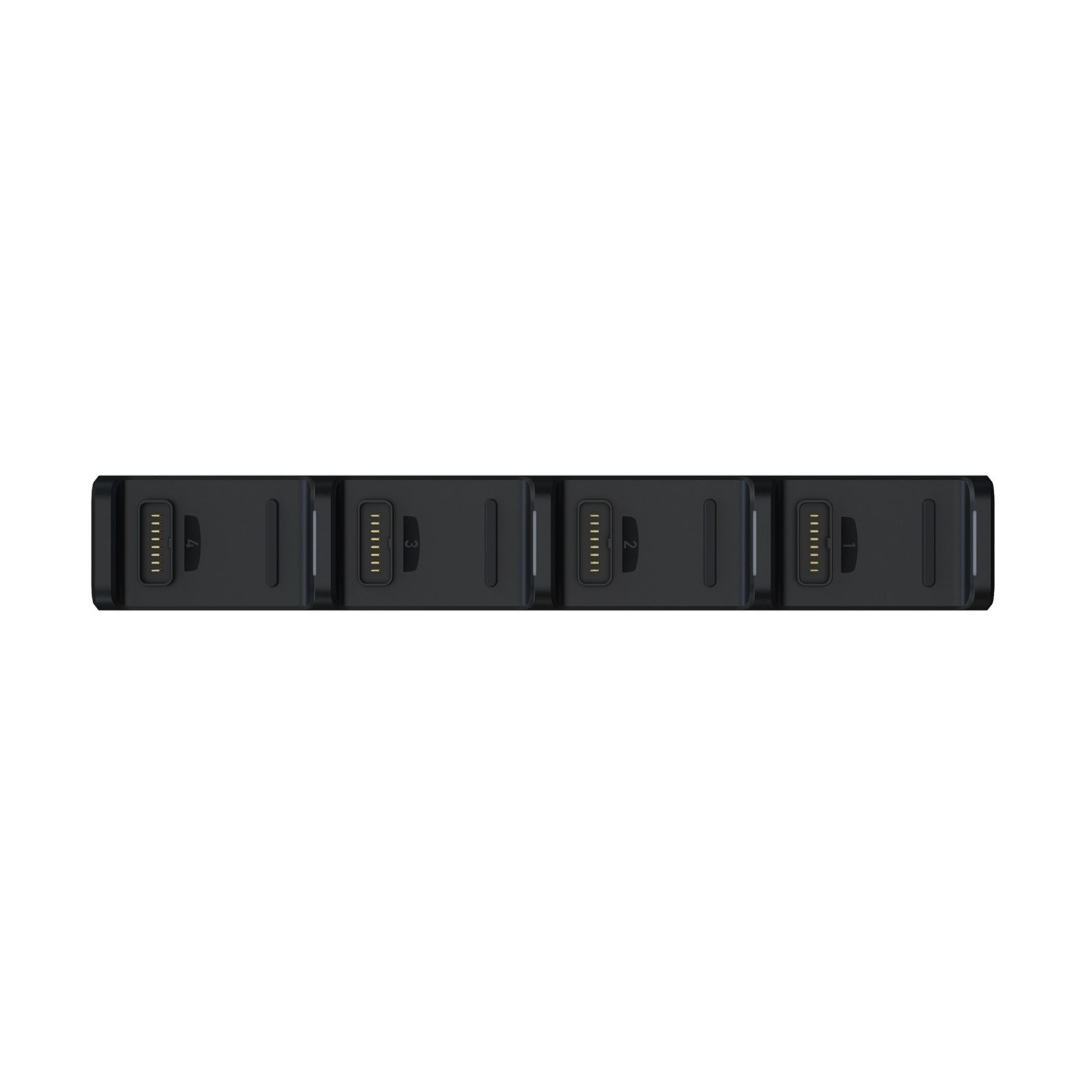 Una stazione di ricarica multipla nera con quattro slot numerati su sfondo bianco.