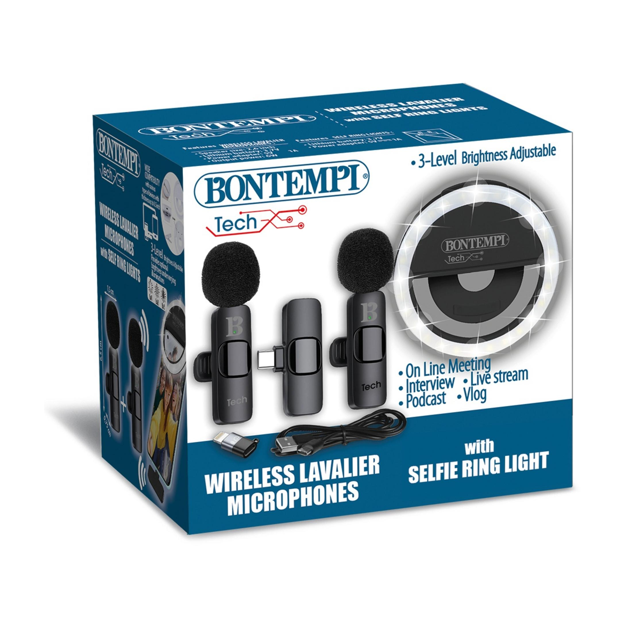 Scatola prodotto per microfoni lavalier wireless Bontempi Tech con luce ad anello per selfie integrata e accessori.