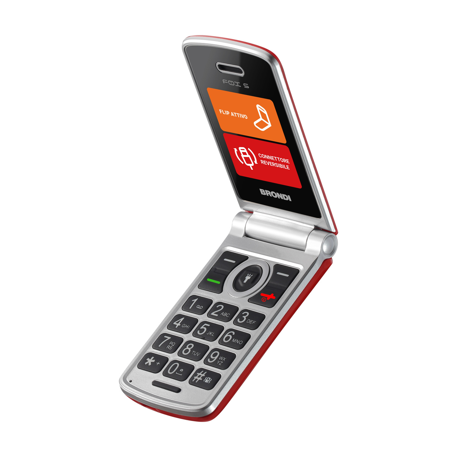 Un cellulare a conchiglia rosso e argento aperto con schermo e tastiera grande.