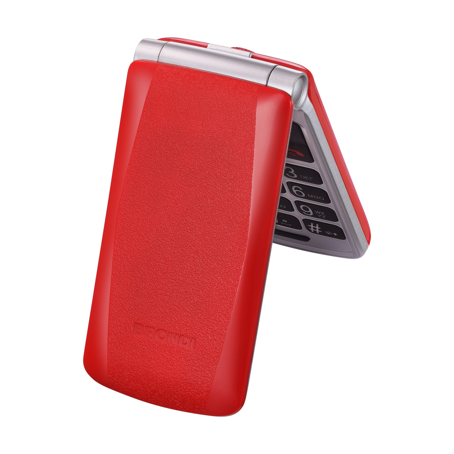 Un cellulare a conchiglia rosso e argento di Brondi è parzialmente aperto.