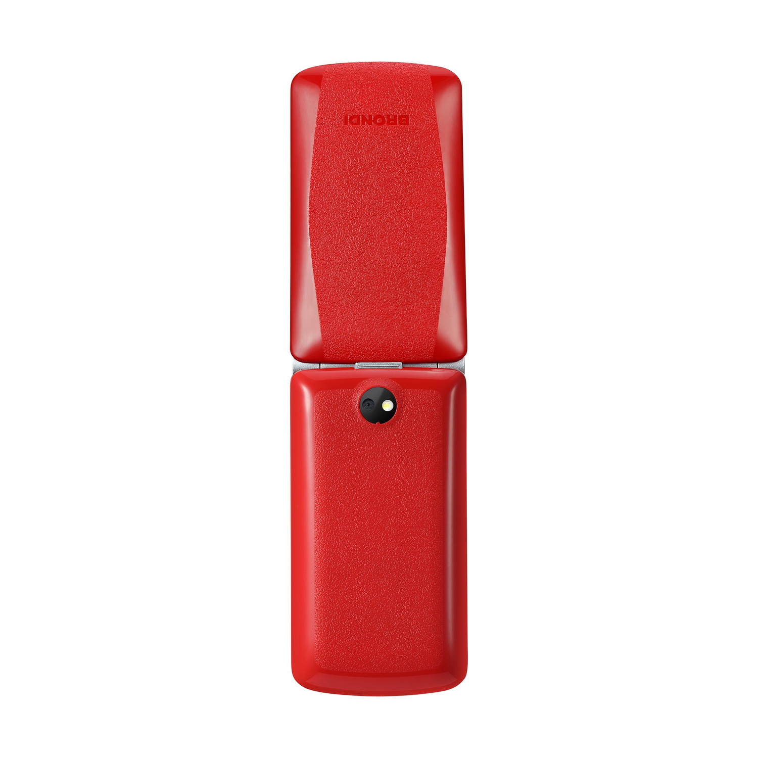 Un cellulare a conchiglia rosso con fotocamera sul retro su sfondo bianco.